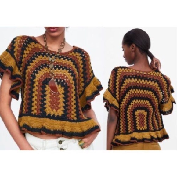 ⭐️ Zara Short Sleeve Ruffle Black Brown Gold Crochet Knit Ruffle Crop Top MEDIUM - Picture 2 of 12